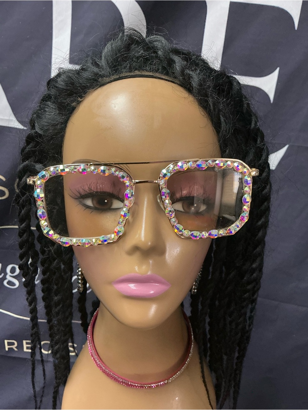 Crystal-Trim Square Sunglasses in Pink